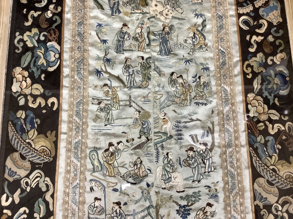 A 19th century Chinese embroidered silk panel, framed, 70 x 38cm